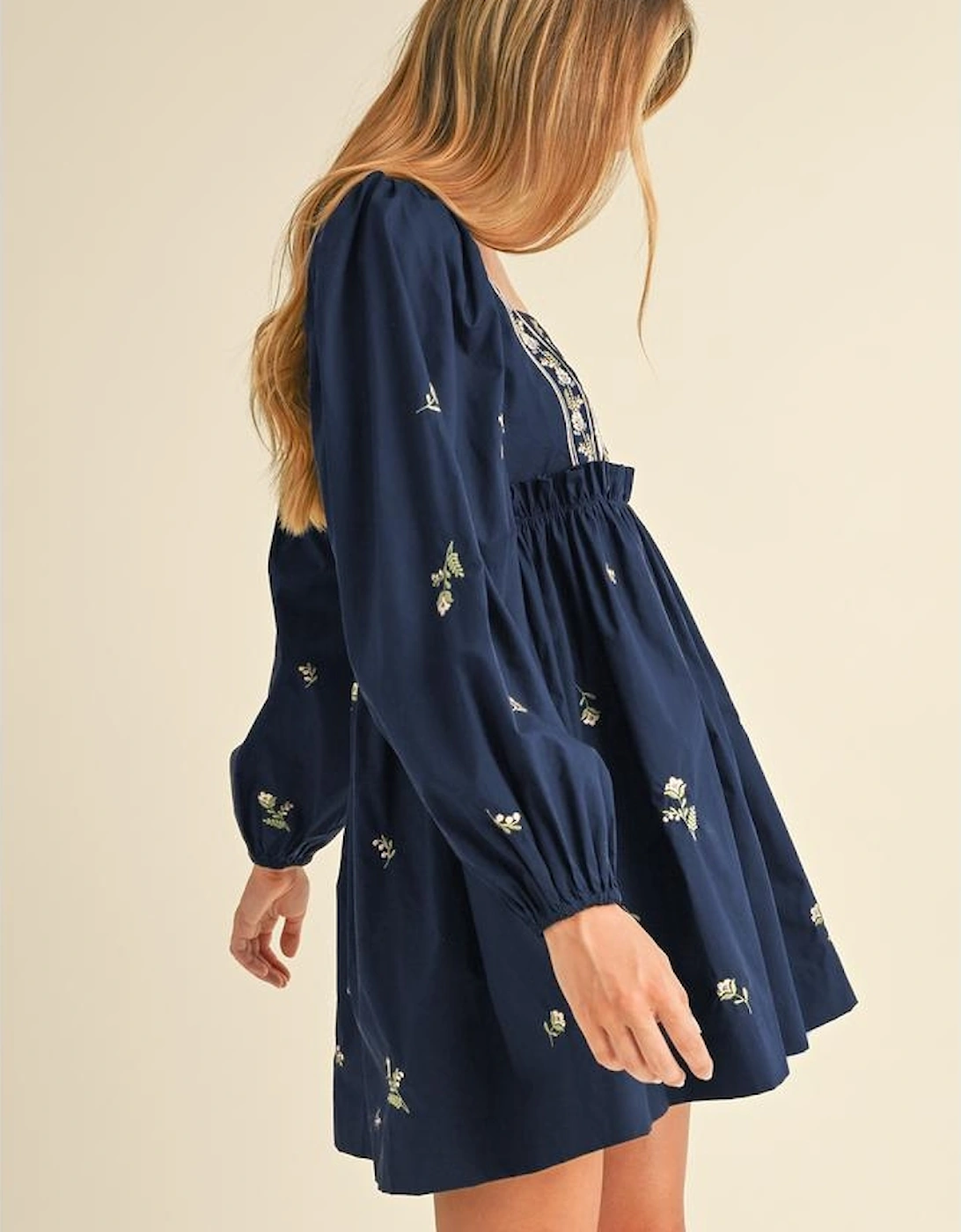 Blue Floral Embroidered Square Neck Puff Sleeve Ruffled Mini Dress