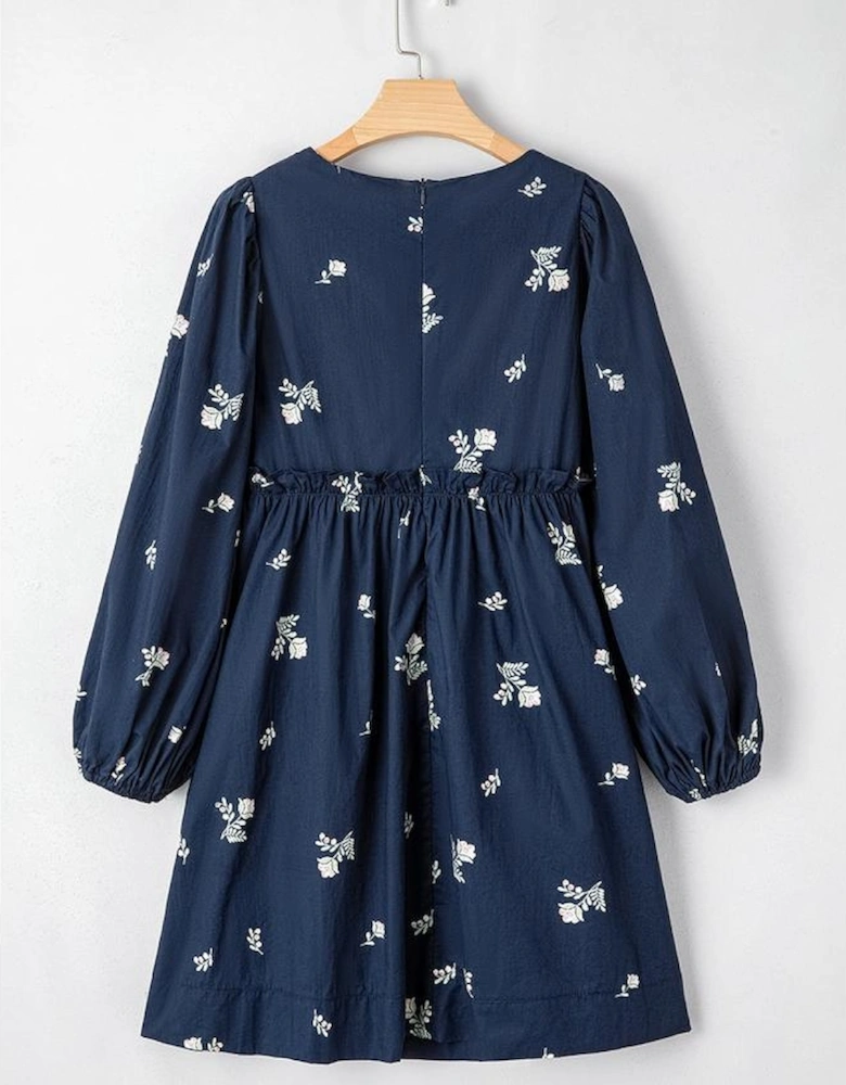 Blue Floral Embroidered Square Neck Puff Sleeve Ruffled Mini Dress