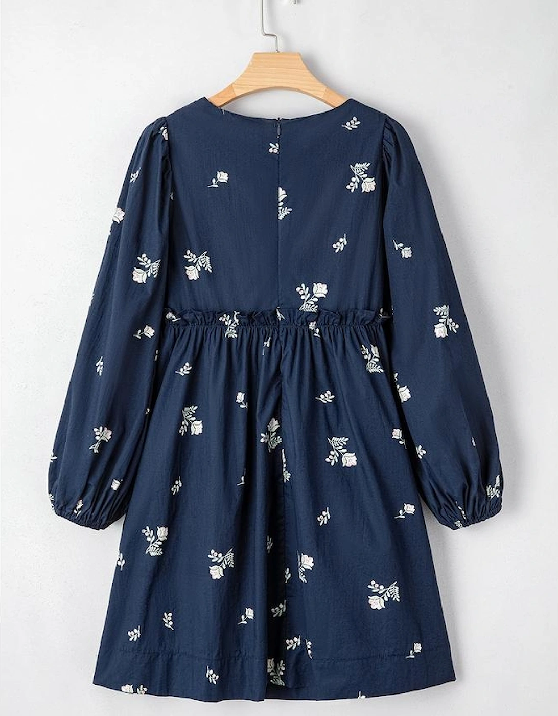 Blue Floral Embroidered Square Neck Puff Sleeve Ruffled Mini Dress