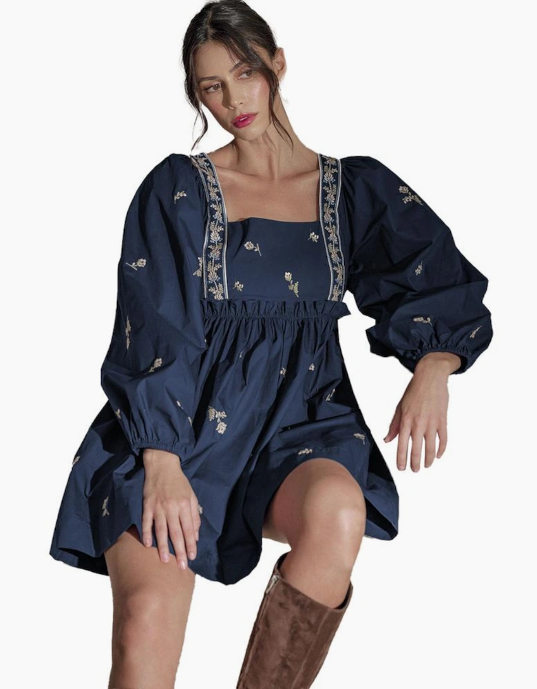 Blue Floral Embroidered Square Neck Puff Sleeve Ruffled Mini Dress