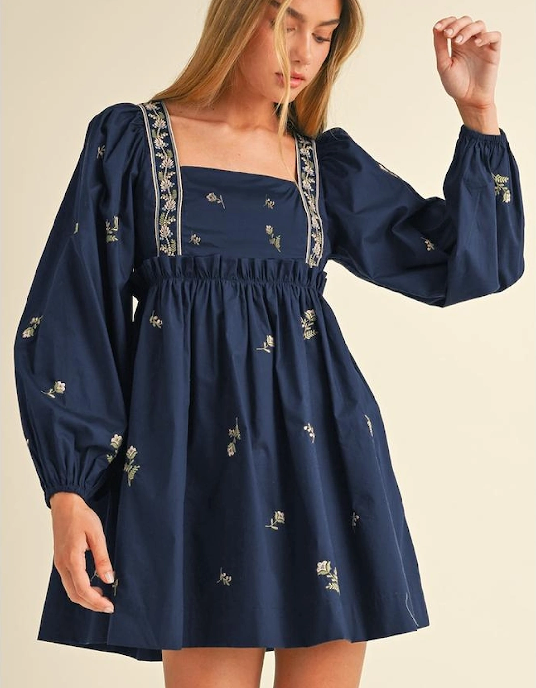 Blue Floral Embroidered Square Neck Puff Sleeve Ruffled Mini Dress