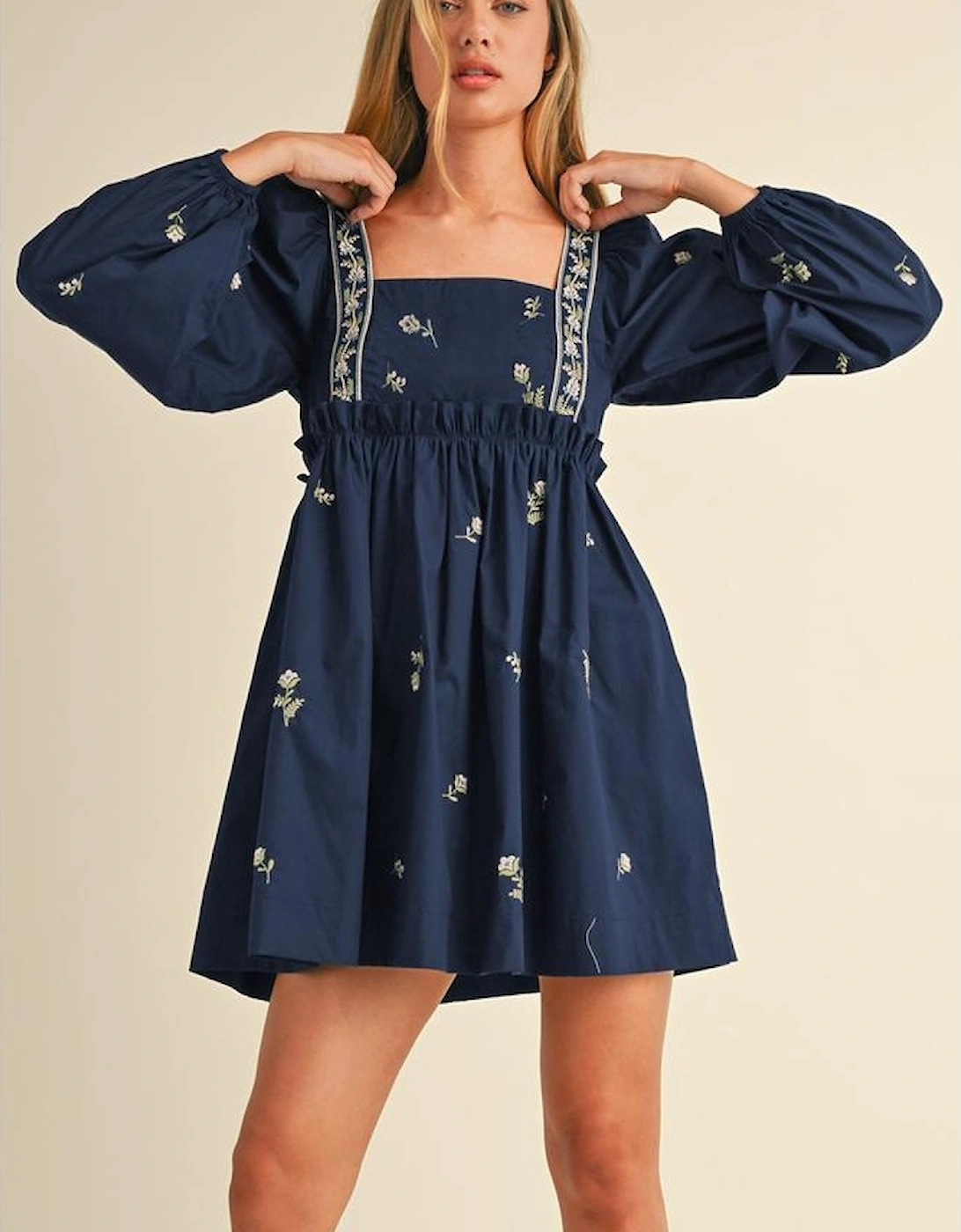Blue Floral Embroidered Square Neck Puff Sleeve Ruffled Mini Dress