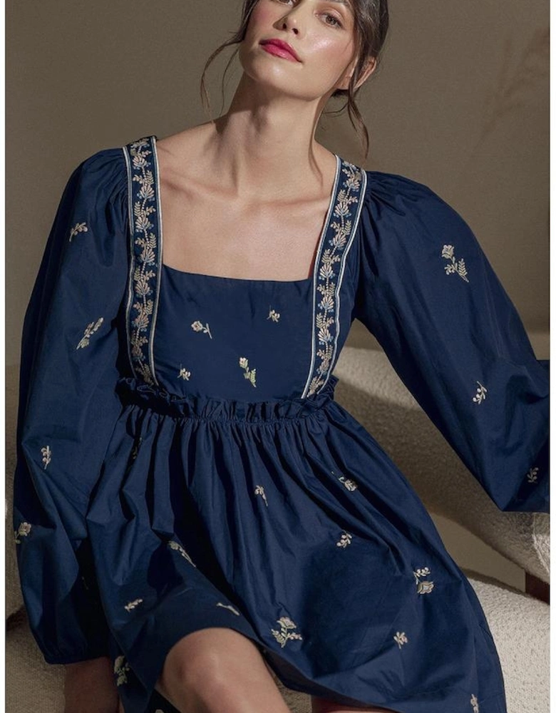 Blue Floral Embroidered Square Neck Puff Sleeve Ruffled Mini Dress