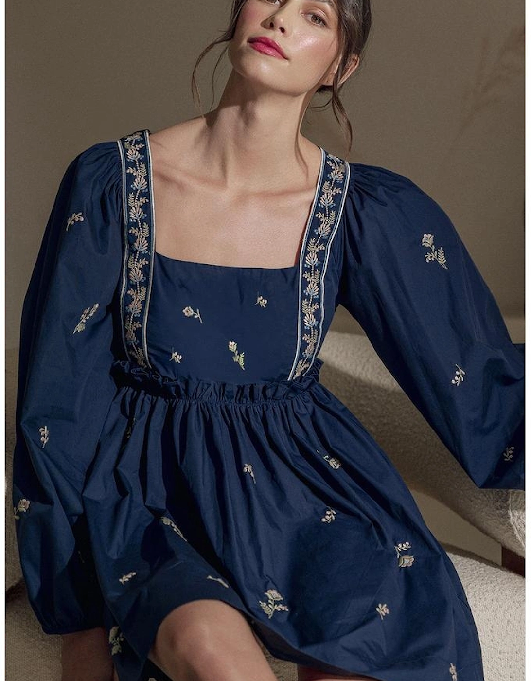 Blue Floral Embroidered Square Neck Puff Sleeve Ruffled Mini Dress
