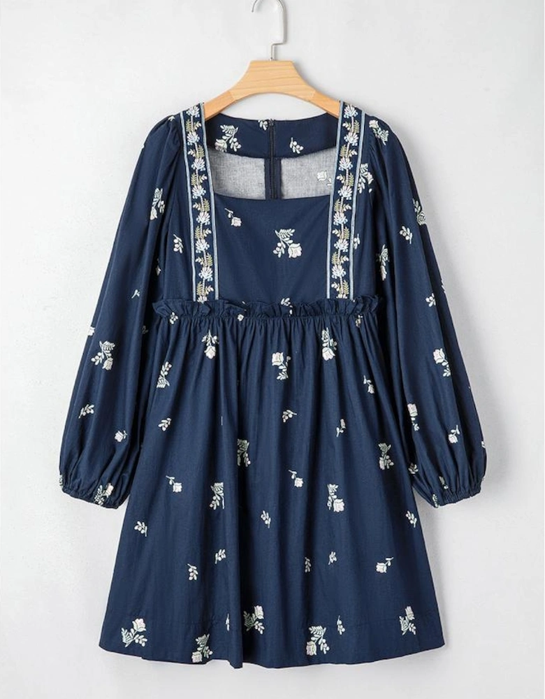Blue Floral Embroidered Square Neck Puff Sleeve Ruffled Mini Dress