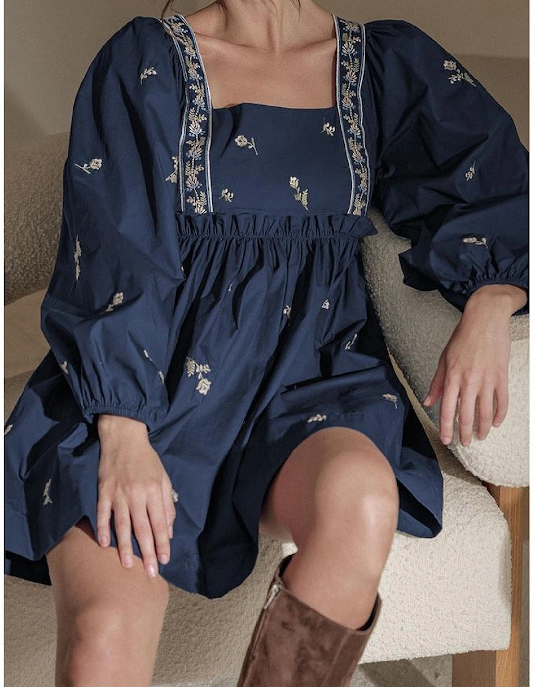 Blue Floral Embroidered Square Neck Puff Sleeve Ruffled Mini Dress