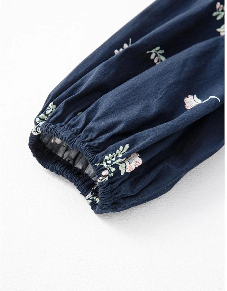 Blue Floral Embroidered Square Neck Puff Sleeve Ruffled Mini Dress