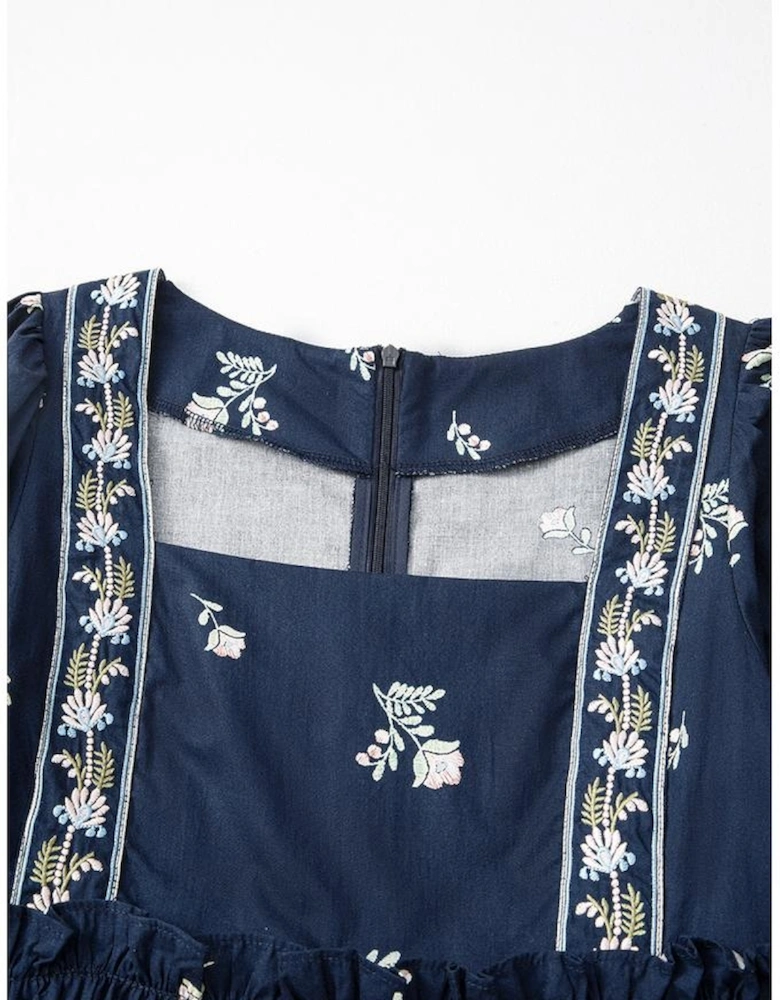Blue Floral Embroidered Square Neck Puff Sleeve Ruffled Mini Dress