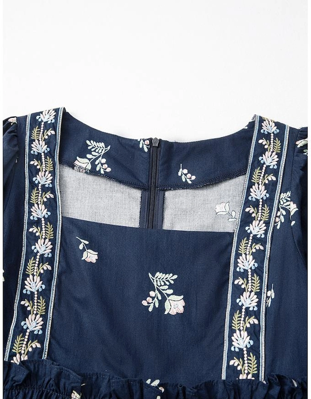 Blue Floral Embroidered Square Neck Puff Sleeve Ruffled Mini Dress
