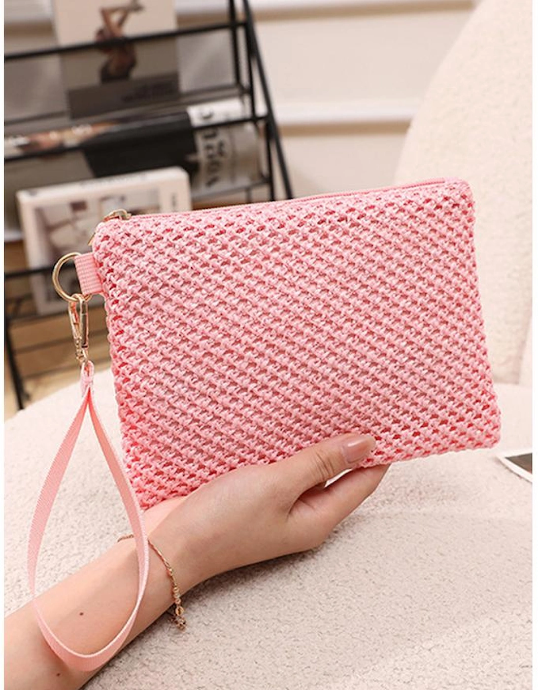 Pink Woven Zipper Wrist Strap Square Handbag