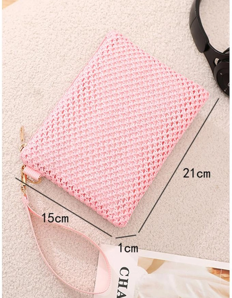 Pink Woven Zipper Wrist Strap Square Handbag