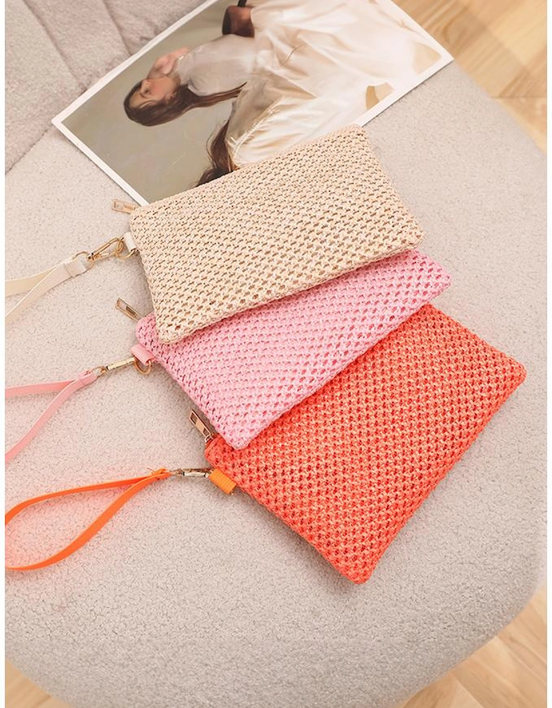Pink Woven Zipper Wrist Strap Square Handbag