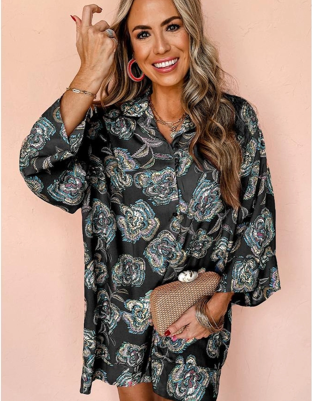 Black Floral Print Lapel Collar Loose Shirt Mini Dress