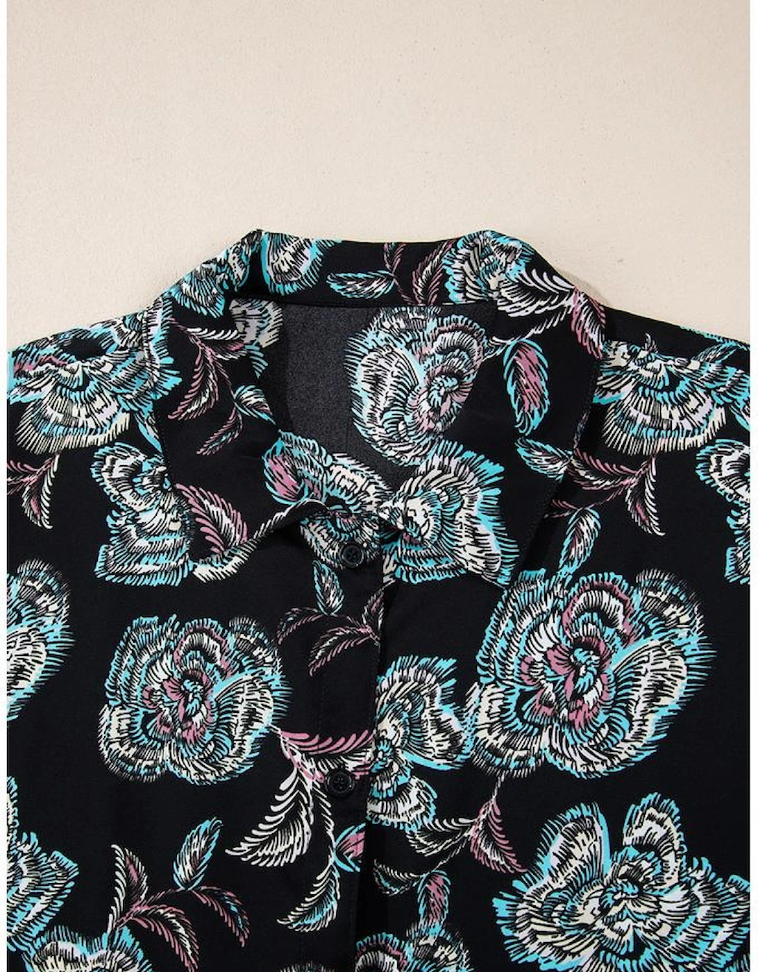 Black Floral Print Lapel Collar Loose Shirt Mini Dress