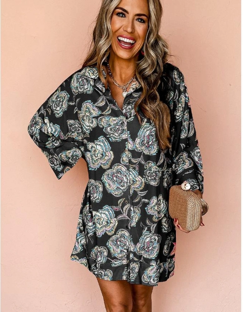 Black Floral Print Lapel Collar Loose Shirt Mini Dress