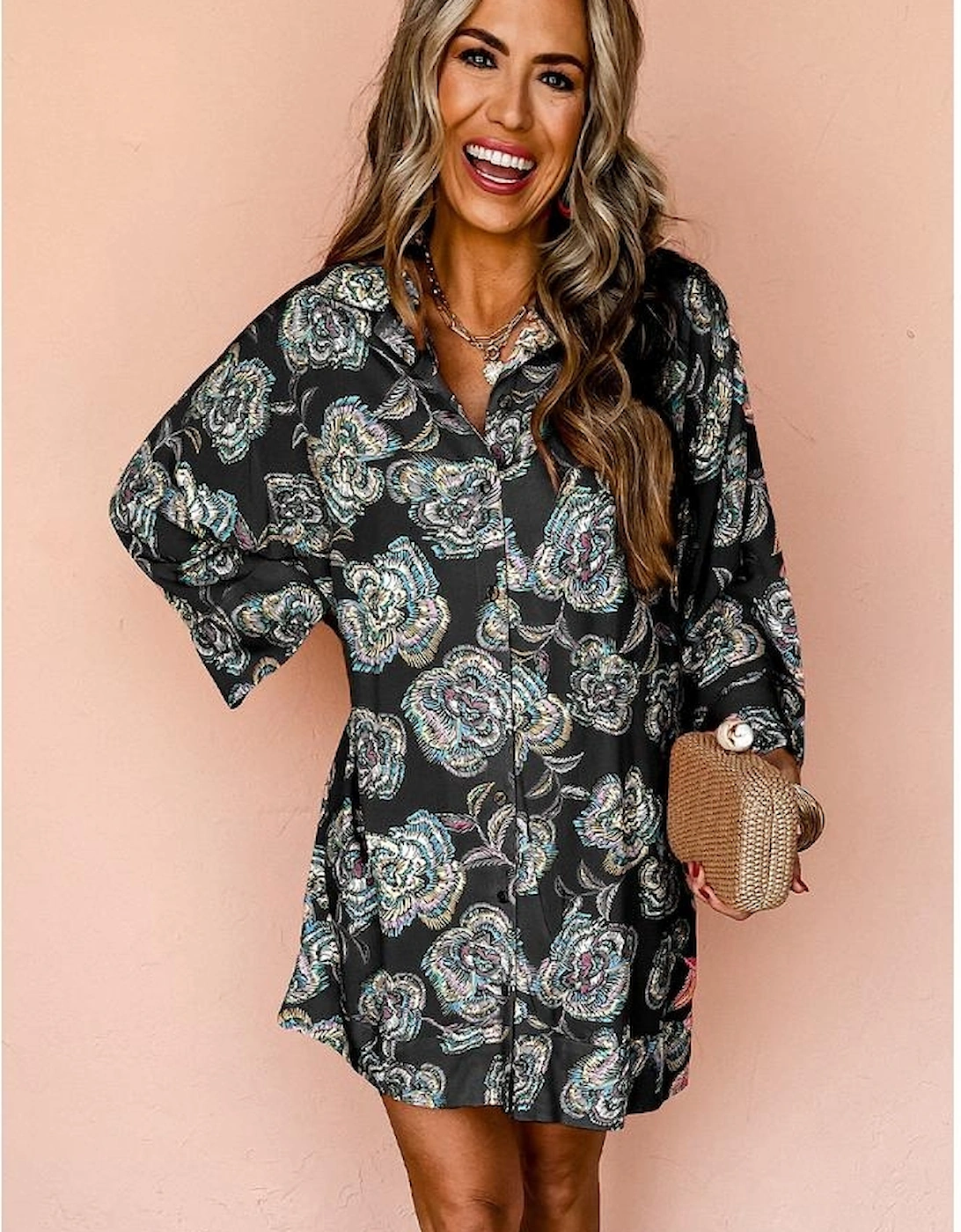 Black Floral Print Lapel Collar Loose Shirt Mini Dress