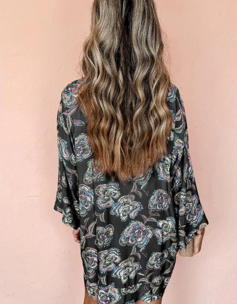 Black Floral Print Lapel Collar Loose Shirt Mini Dress