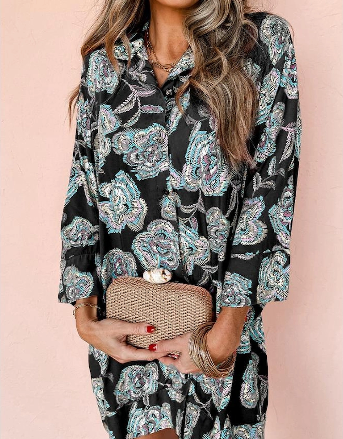 Black Floral Print Lapel Collar Loose Shirt Mini Dress