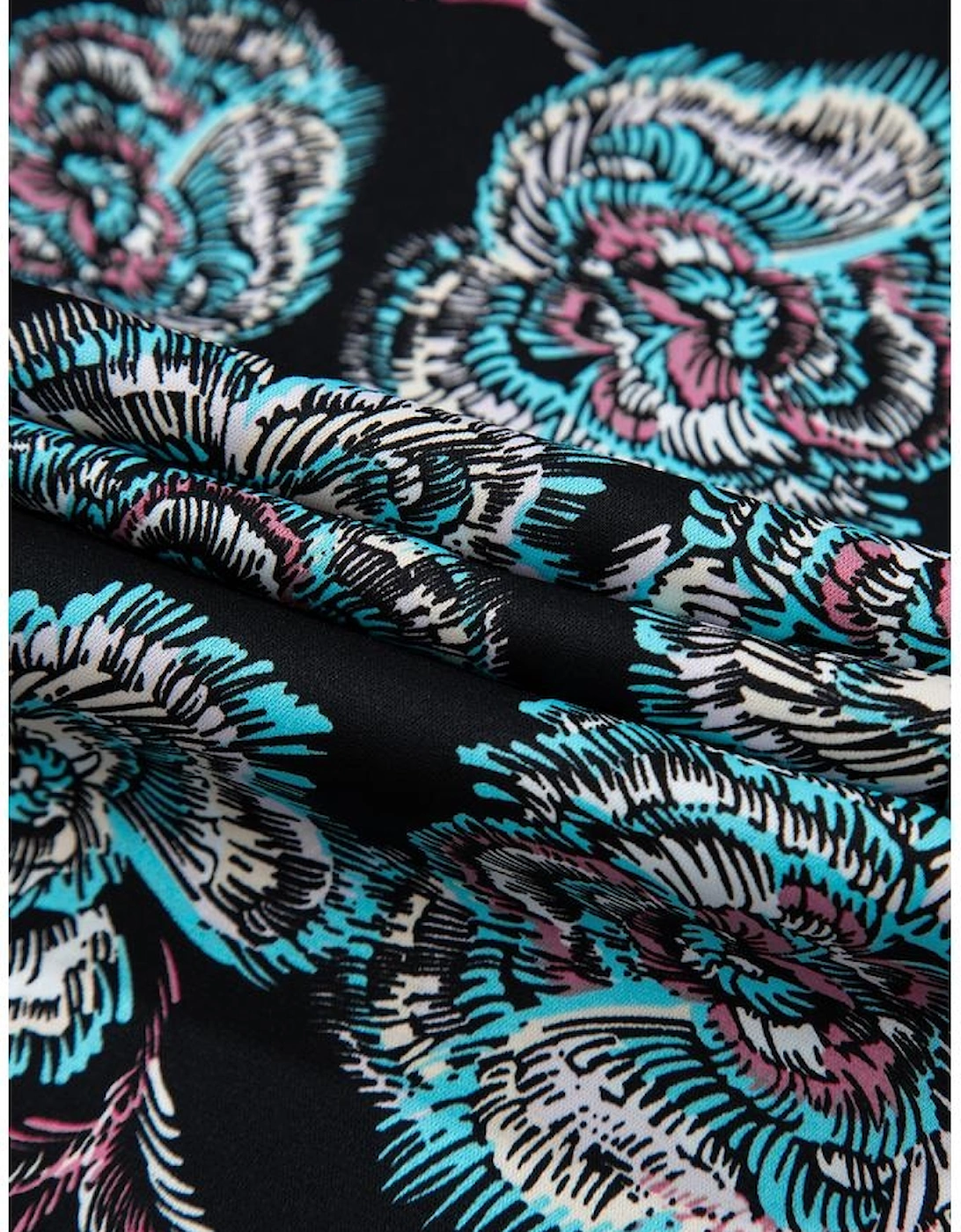 Black Floral Print Lapel Collar Loose Shirt Mini Dress