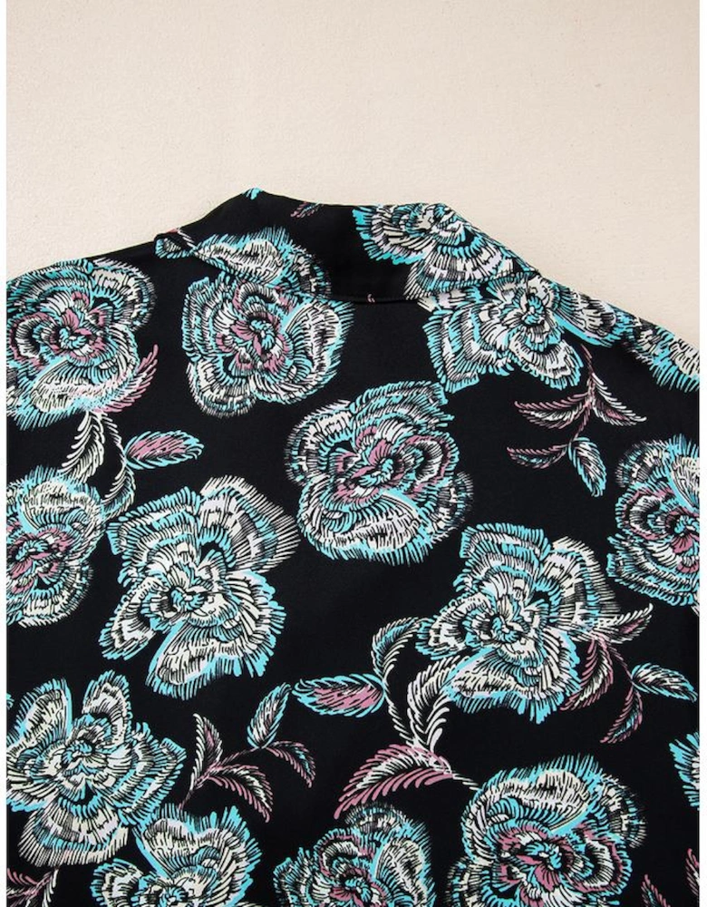 Black Floral Print Lapel Collar Loose Shirt Mini Dress