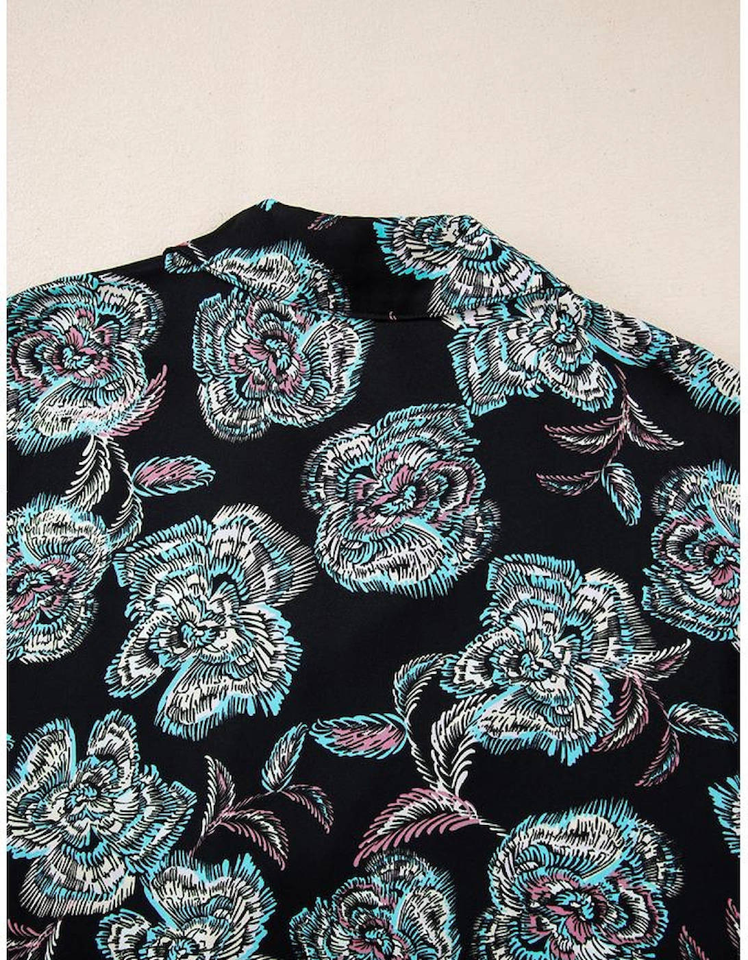 Black Floral Print Lapel Collar Loose Shirt Mini Dress