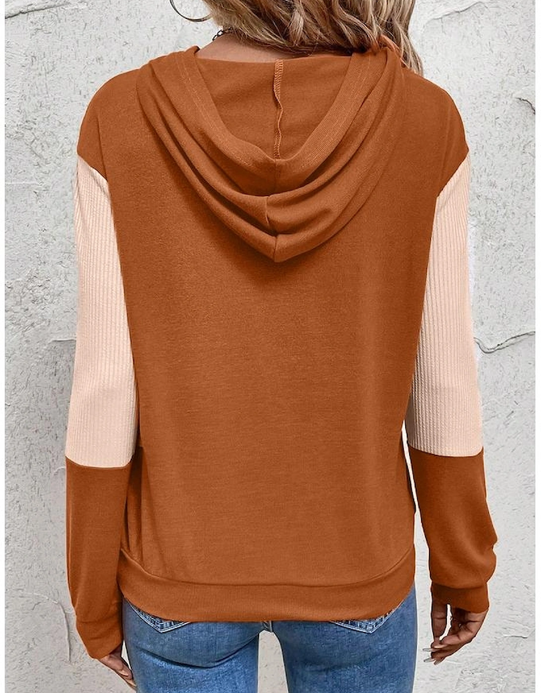 Gold Flame Contrast Color Ribbed Patchwork Crossed Pullover Neck Hoodie, 5 of 4