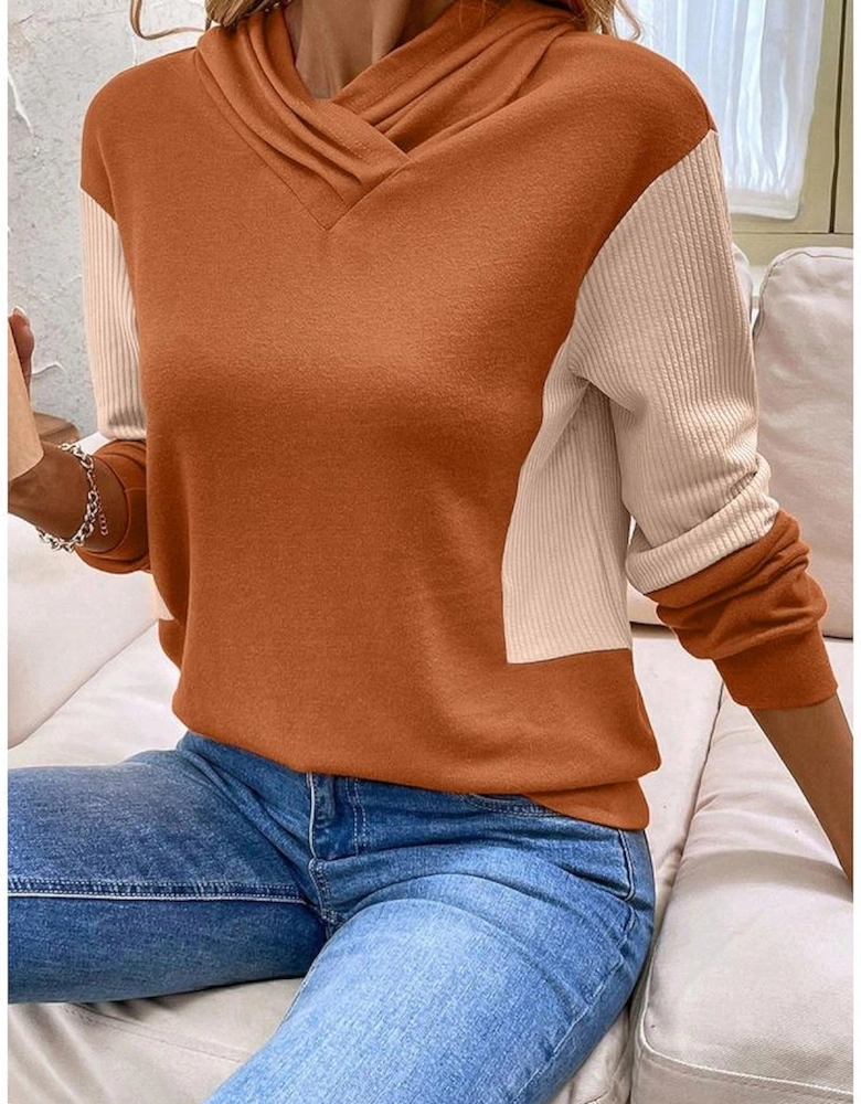 Gold Flame Contrast Color Ribbed Patchwork Crossed Pullover Neck Hoodie