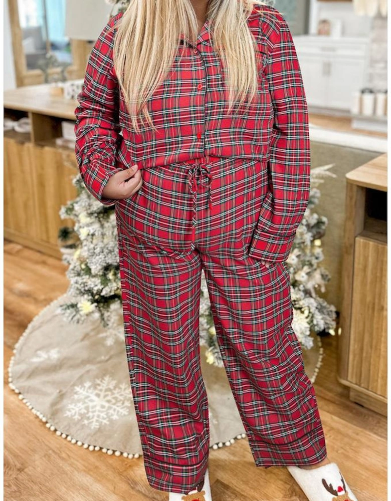 Red Plaid Printed Shirt and Pants Plus Size Lounge Set