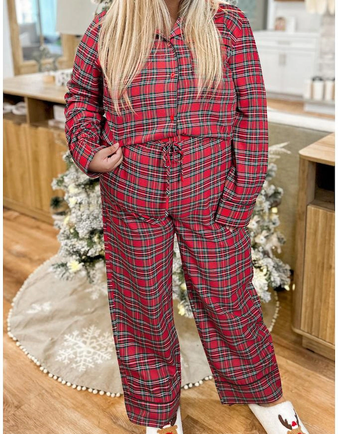 Red Plaid Printed Shirt and Pants Plus Size Lounge Set