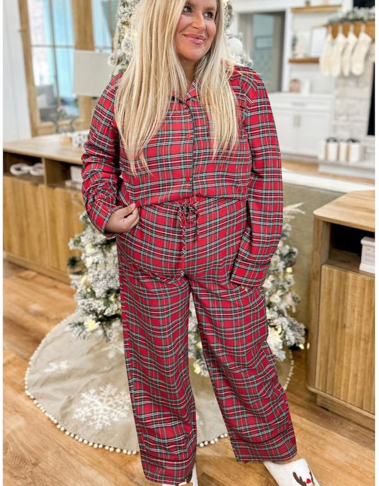 Red Plaid Printed Shirt and Pants Plus Size Lounge Set