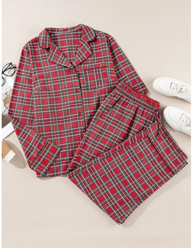 Red Plaid Printed Shirt and Pants Plus Size Lounge Set