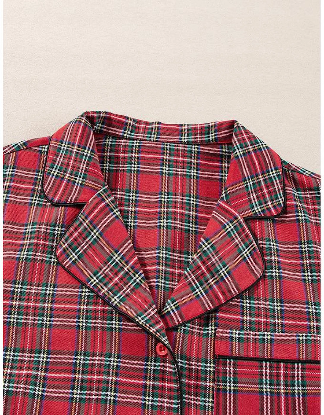 Red Plaid Printed Shirt and Pants Plus Size Lounge Set