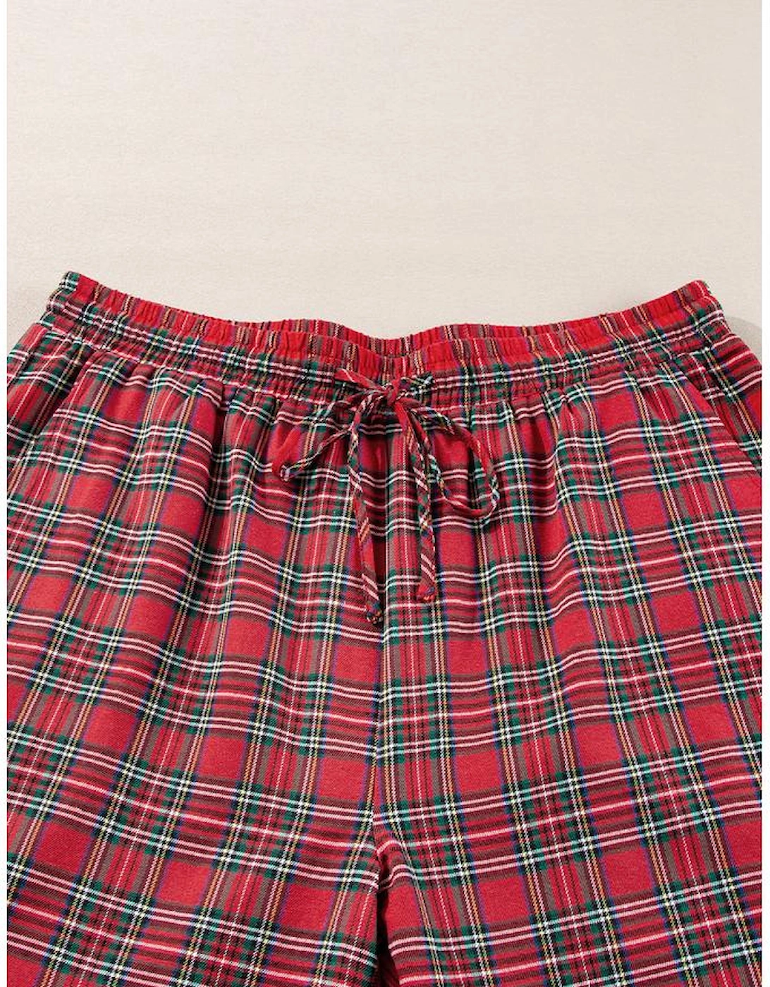 Red Plaid Printed Shirt and Pants Plus Size Lounge Set