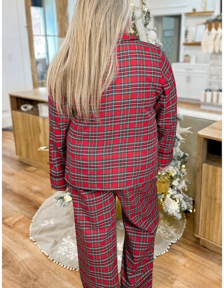 Red Plaid Printed Shirt and Pants Plus Size Lounge Set