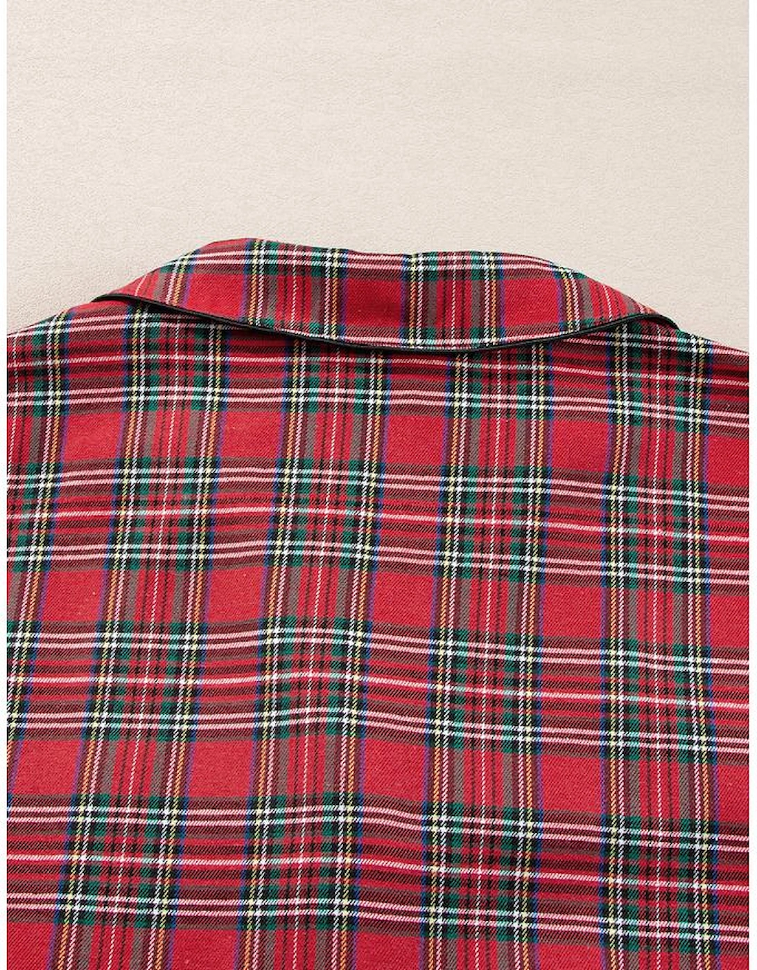Red Plaid Printed Shirt and Pants Plus Size Lounge Set