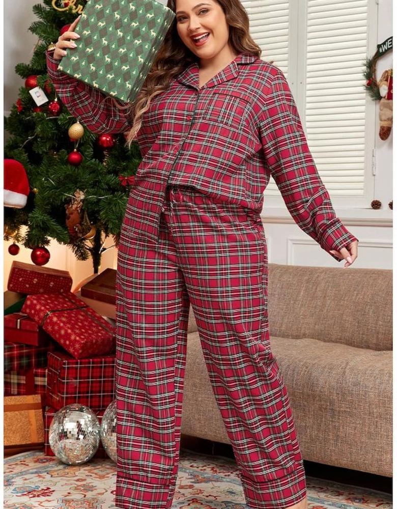 Red Plaid Printed Shirt and Pants Plus Size Lounge Set