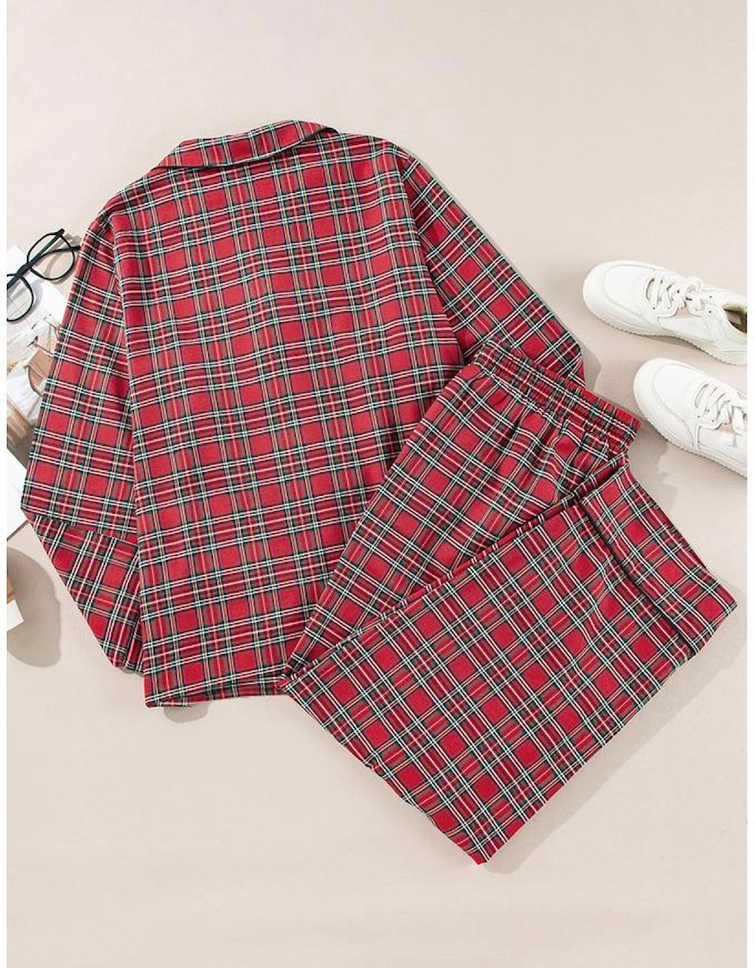Red Plaid Printed Shirt and Pants Plus Size Lounge Set