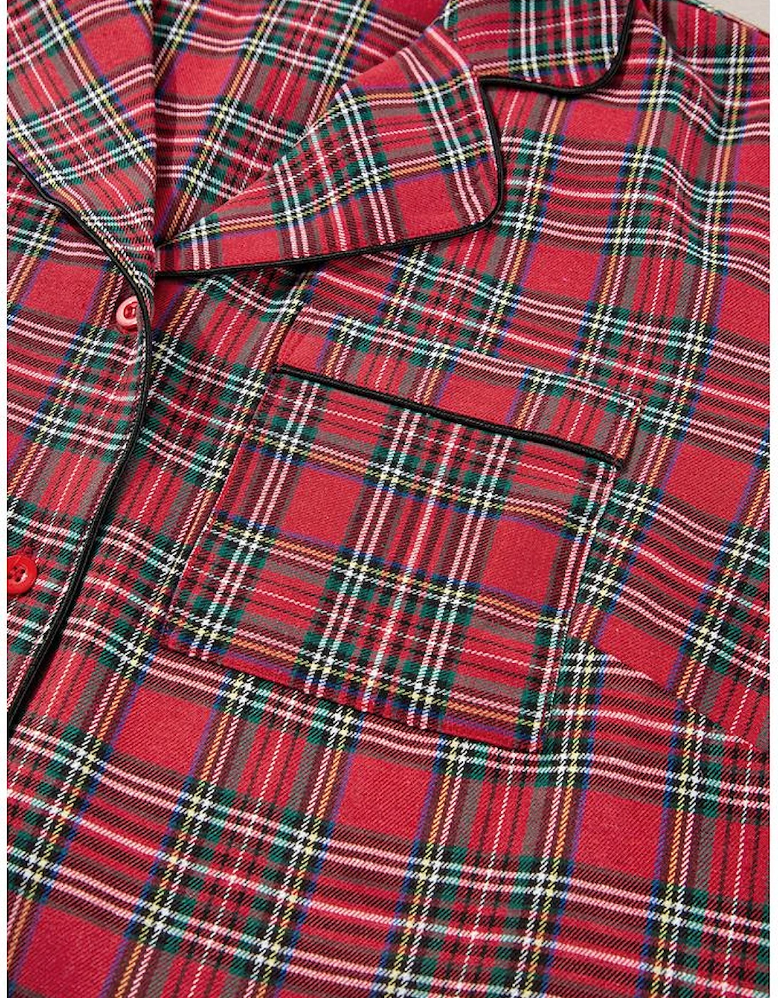 Red Plaid Printed Shirt and Pants Plus Size Lounge Set