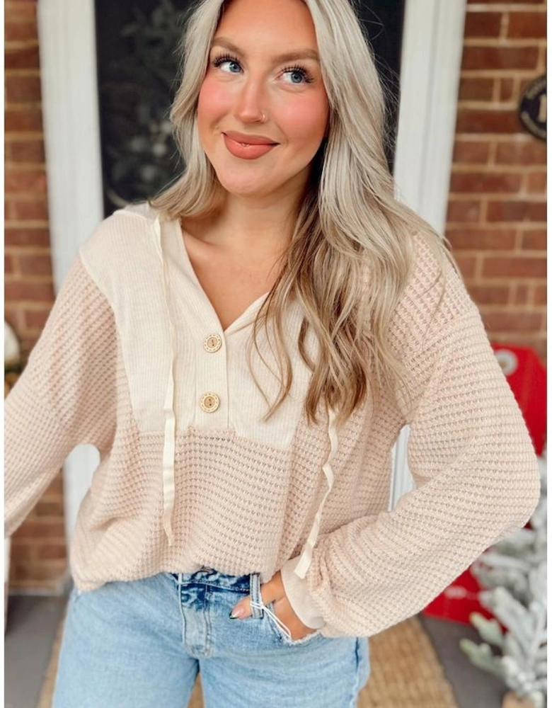 Oatmeal Waffle Patchwork Drop Shoulder Hooded Long Sleeve Top