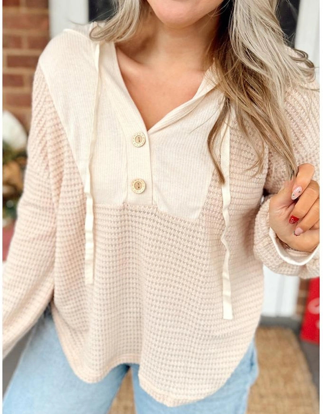 Oatmeal Waffle Patchwork Drop Shoulder Hooded Long Sleeve Top