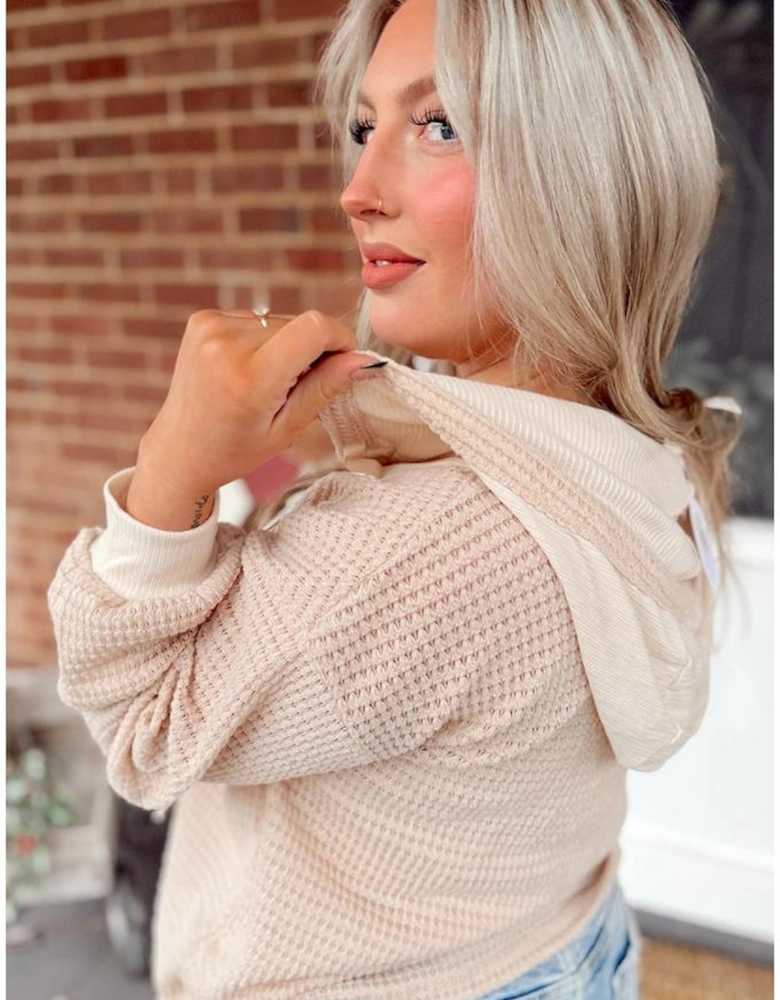 Oatmeal Waffle Patchwork Drop Shoulder Hooded Long Sleeve Top