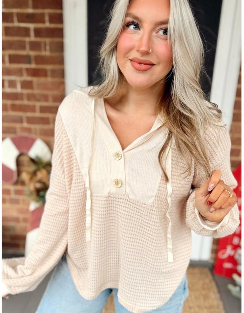 Oatmeal Waffle Patchwork Drop Shoulder Hooded Long Sleeve Top