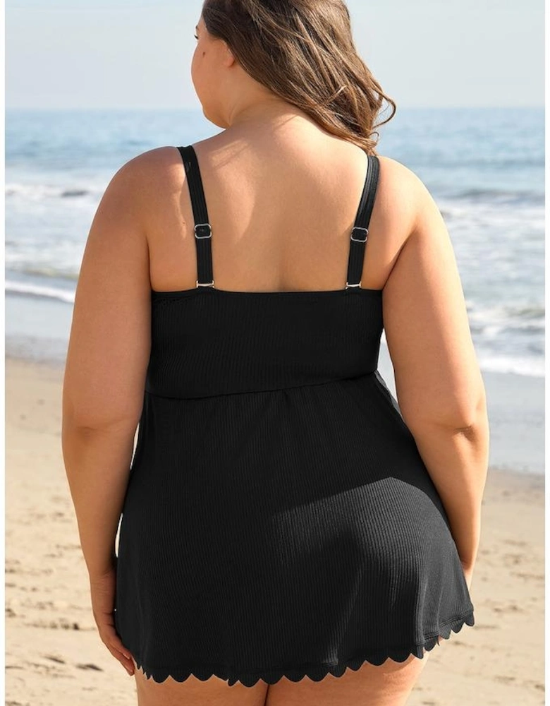 Black Plus Size Textured Scalloped Trim Swim Dress with Panty