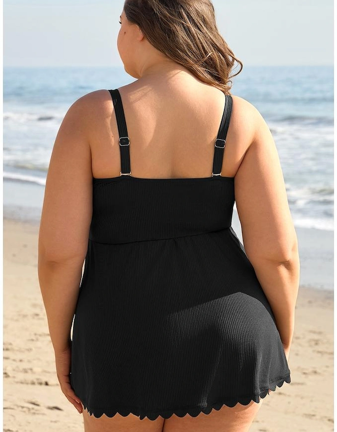 Black Plus Size Textured Scalloped Trim Swim Dress with Panty, 16 of 15