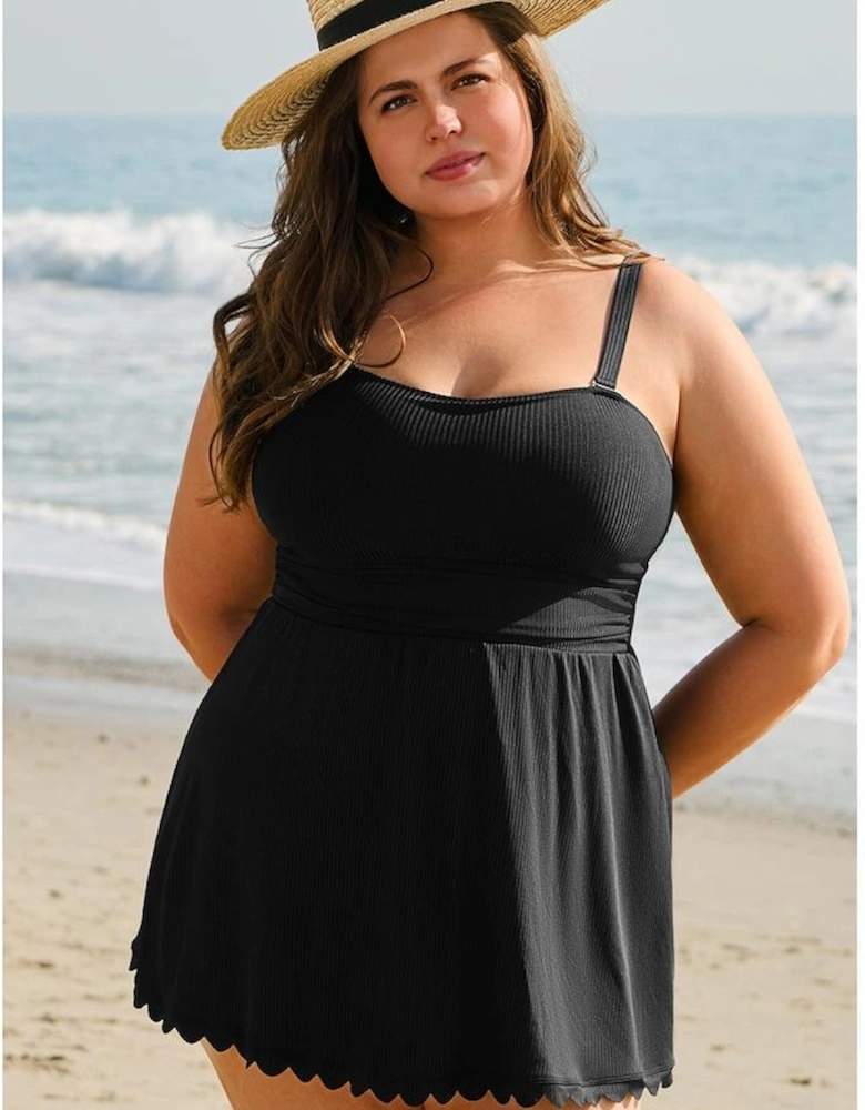 Black Plus Size Textured Scalloped Trim Swim Dress with Panty