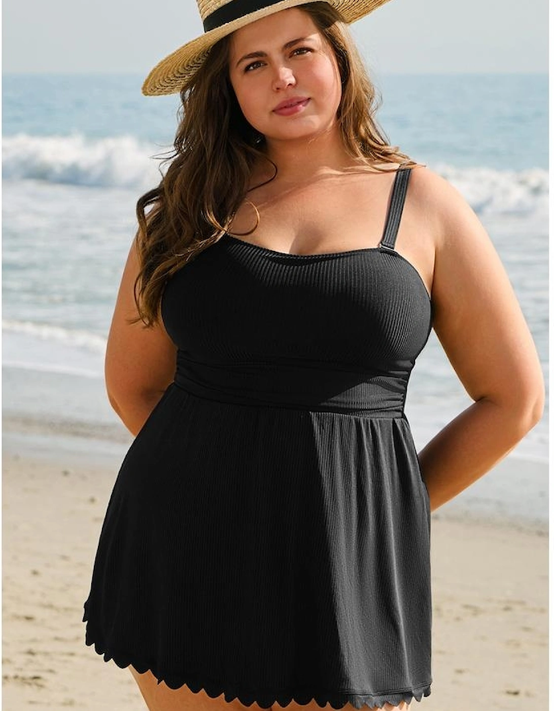 Black Plus Size Textured Scalloped Trim Swim Dress with Panty