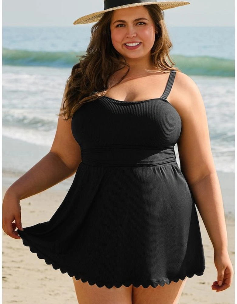 Black Plus Size Textured Scalloped Trim Swim Dress with Panty