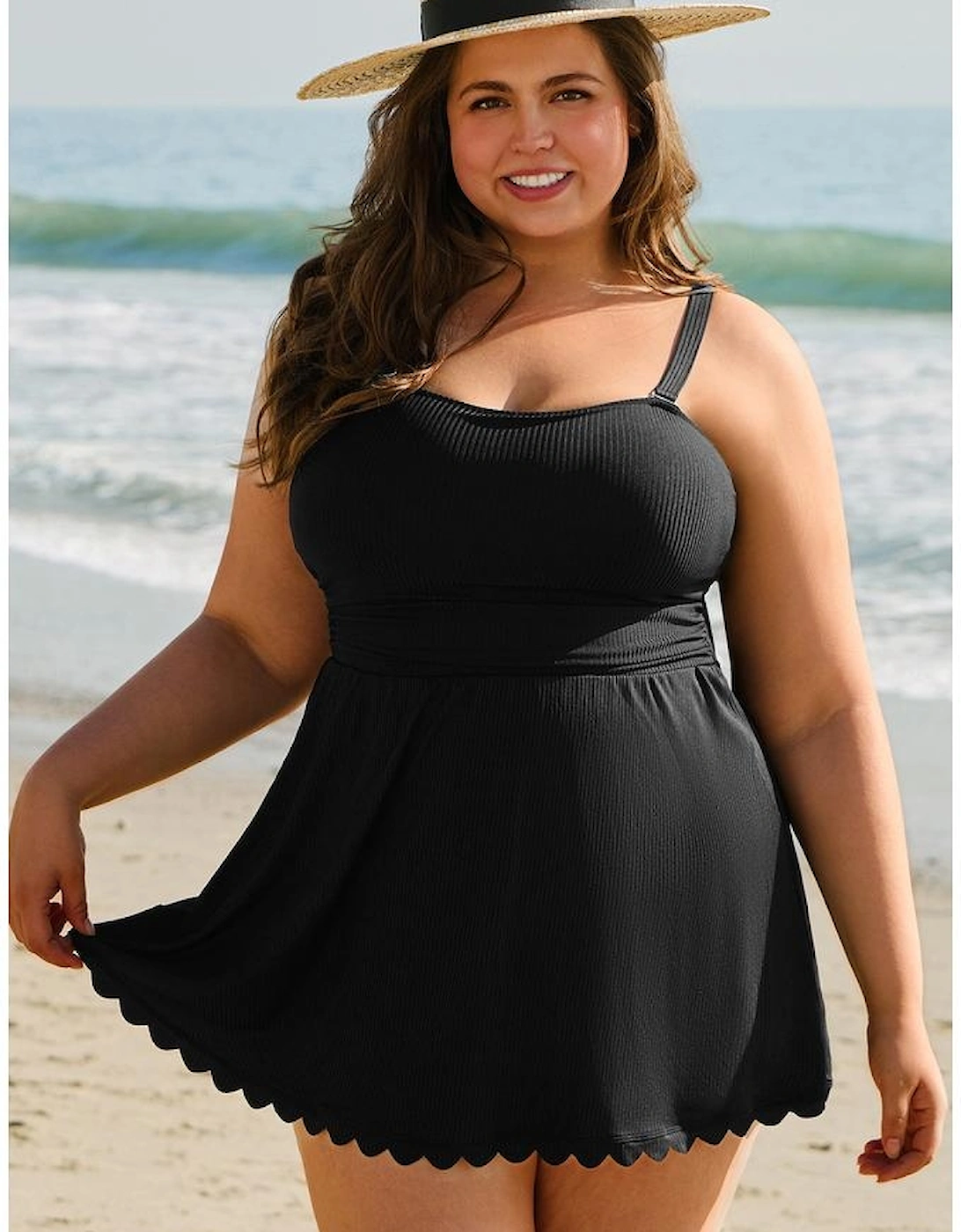 Black Plus Size Textured Scalloped Trim Swim Dress with Panty