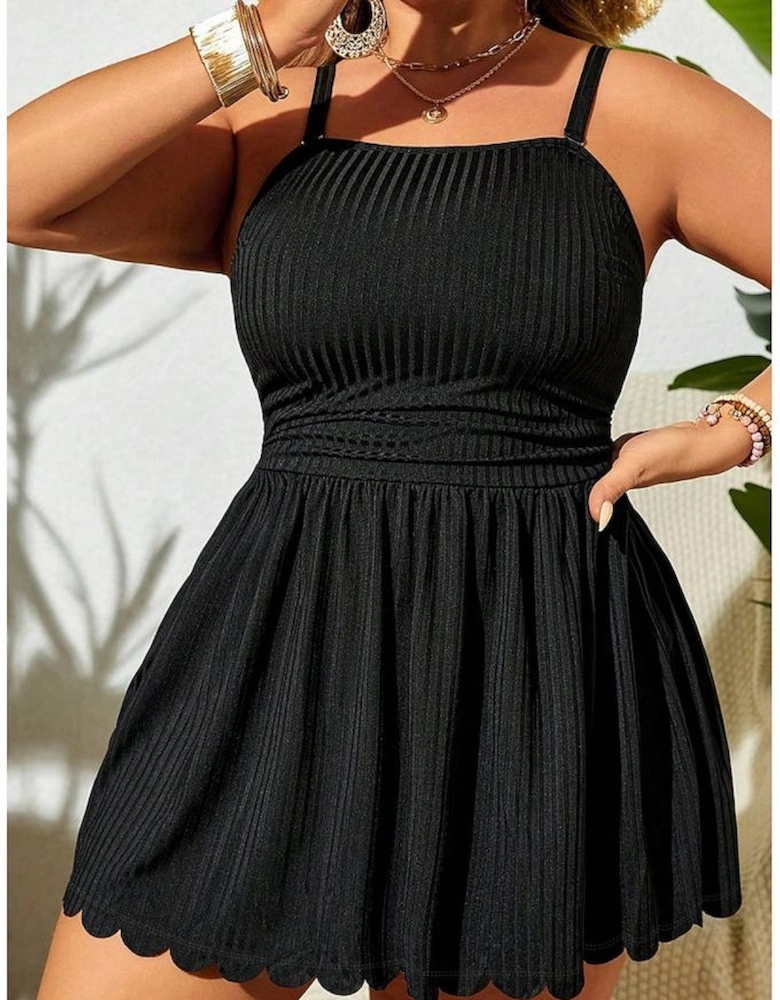 Black Plus Size Textured Scalloped Trim Swim Dress with Panty
