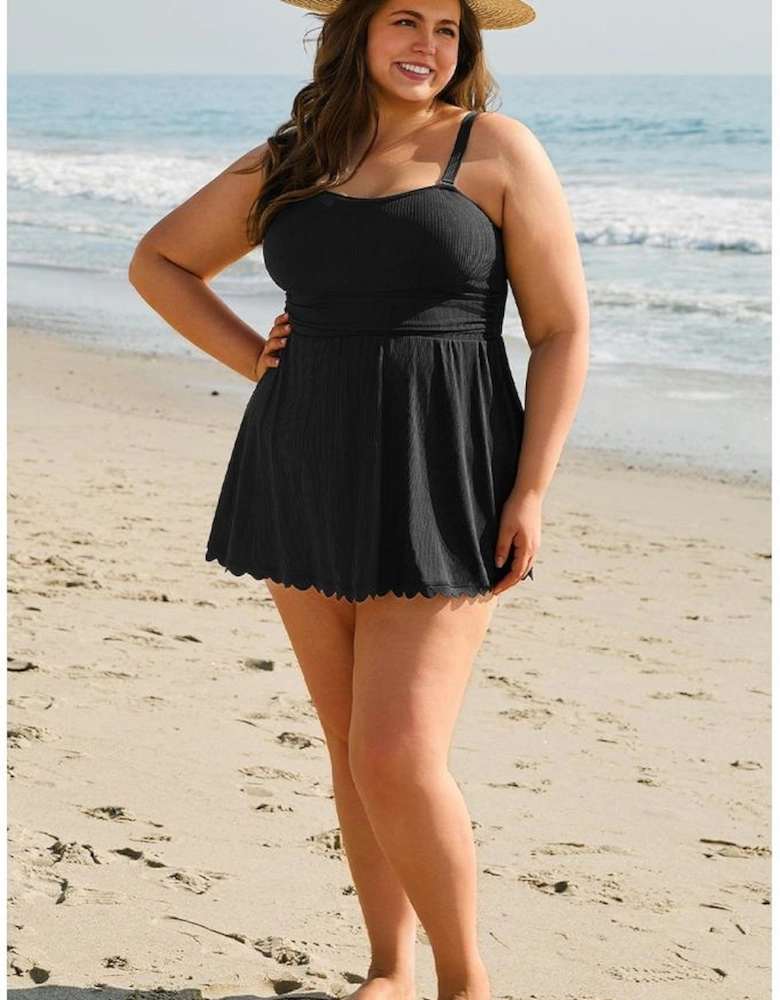 Black Plus Size Textured Scalloped Trim Swim Dress with Panty